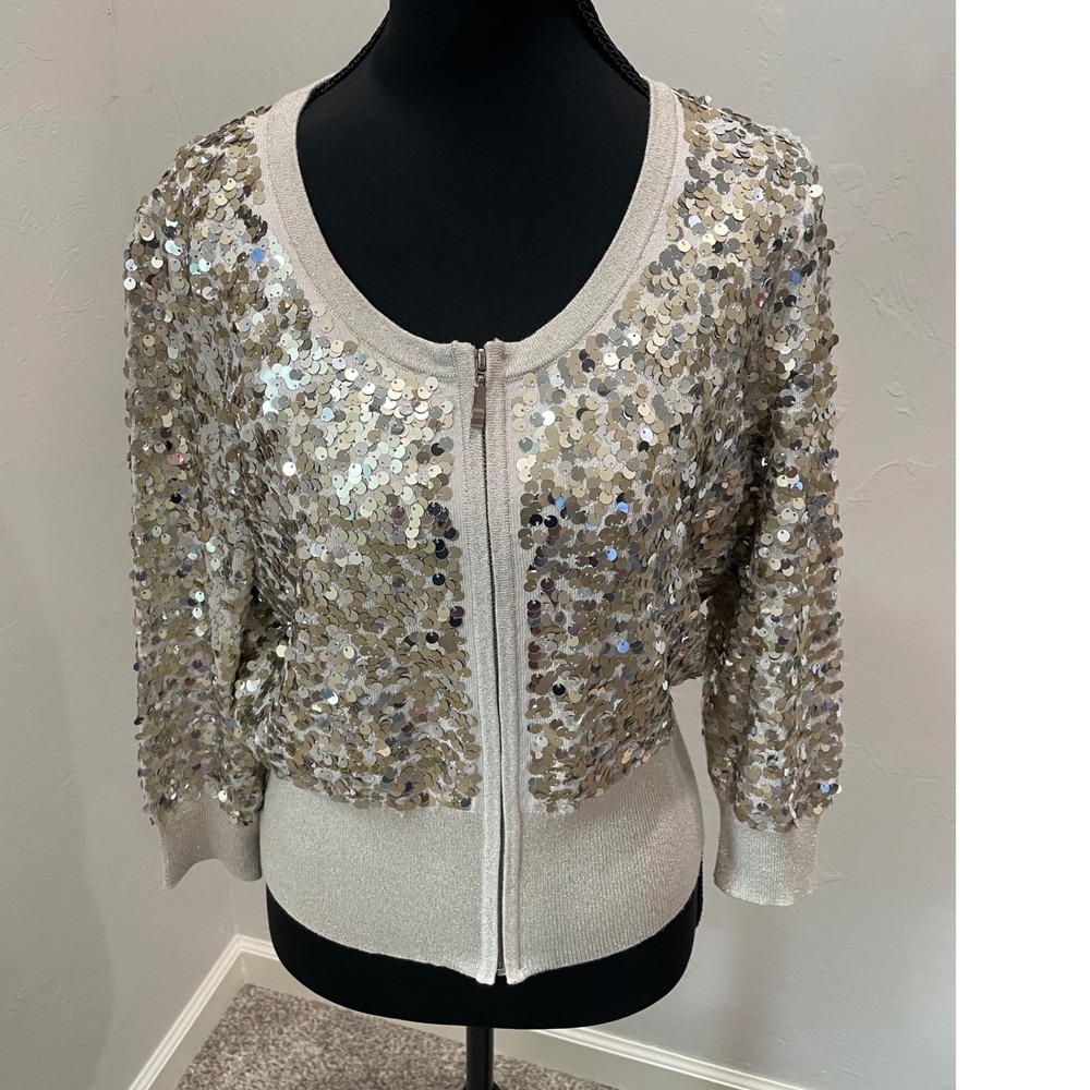 White House Black Market Sequin Zip Front Cardigan Champagne Gold Medium